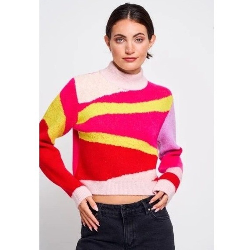 CIEBON Silka Abstract Sweater NWT Pink Red Yellow High Neck Crop Knit XS
